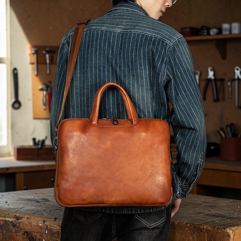 Leather Briefcase for Men, Vegetable Tanned Laptop Bag, Genuine Leather Business Bag, Professional Work Satchel, Vintage Office Attache