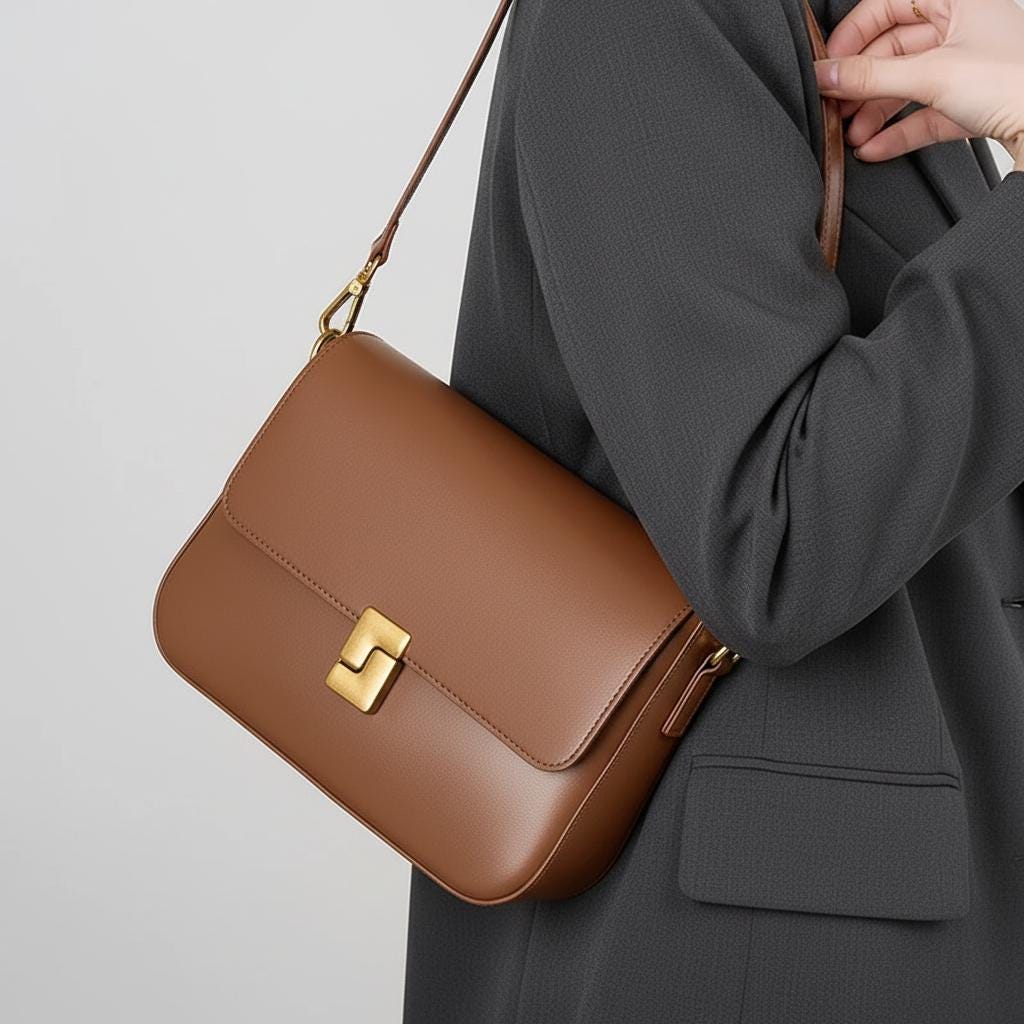 Genuine Leather Shoulder Bag, Cowhide Square Crossbody Purse with Gold Lock