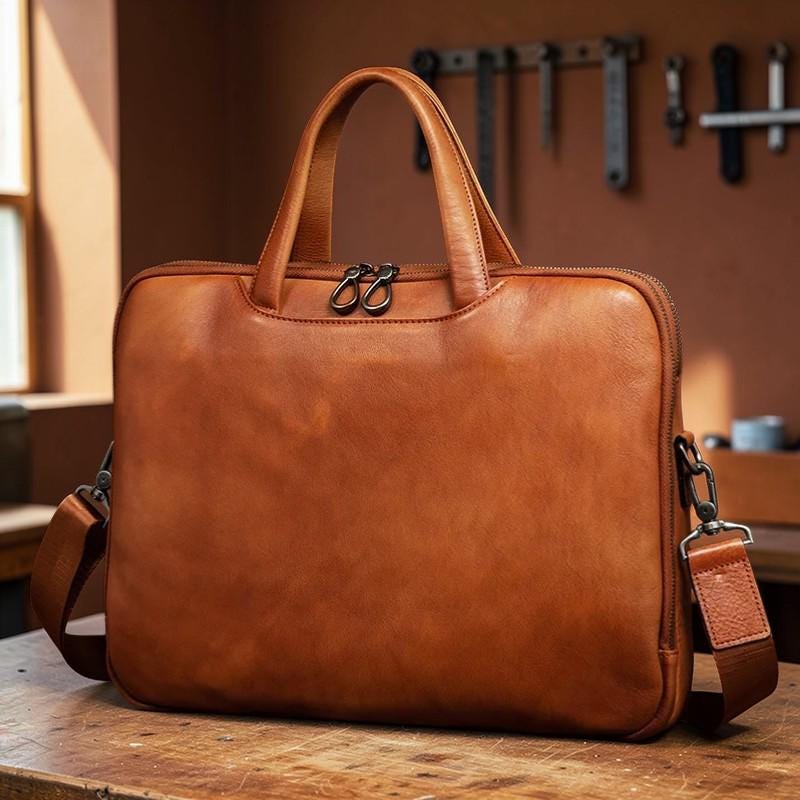 Leather Briefcase for Men, Vegetable Tanned Laptop Bag, Genuine Leather Business Bag, Professional Work Satchel, Vintage Office Attache