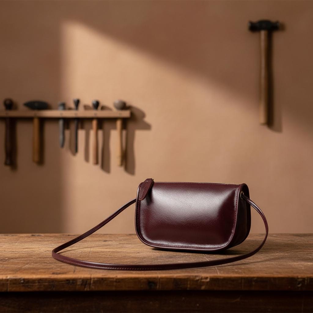 Slim Vintage Leather Shoulder Bag – Genuine Cowhide Underarm Purse with Minimal Zipper Design for Women