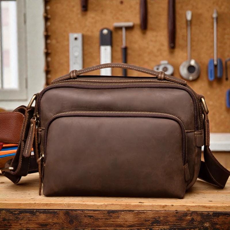Crazy Horse Leather Messenger Bag, Men's Leather Shoulder Bag, Vintage Satchel for Men, Retro Crossbody Bag, Full Grain Leather Work Bag