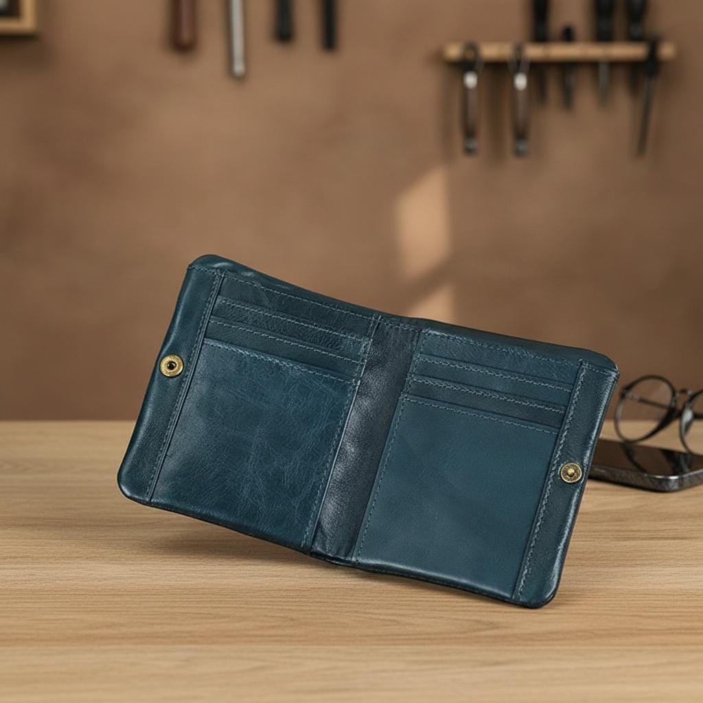 Leather Short Bifold Wallet for Men, Crazy Horse Cowhide Card Holder, Vintage Minimalist Slim Wallet, Handmade Style Gift for Him