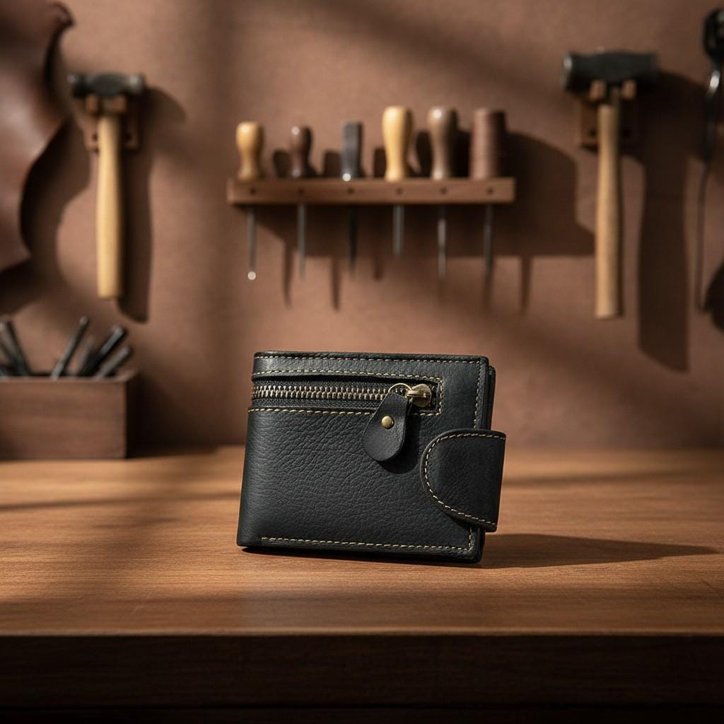 Genuine Leather Bifold Wallet for Men – Crazy Horse Vintage Short Wallet with Zipper Coin Pocket