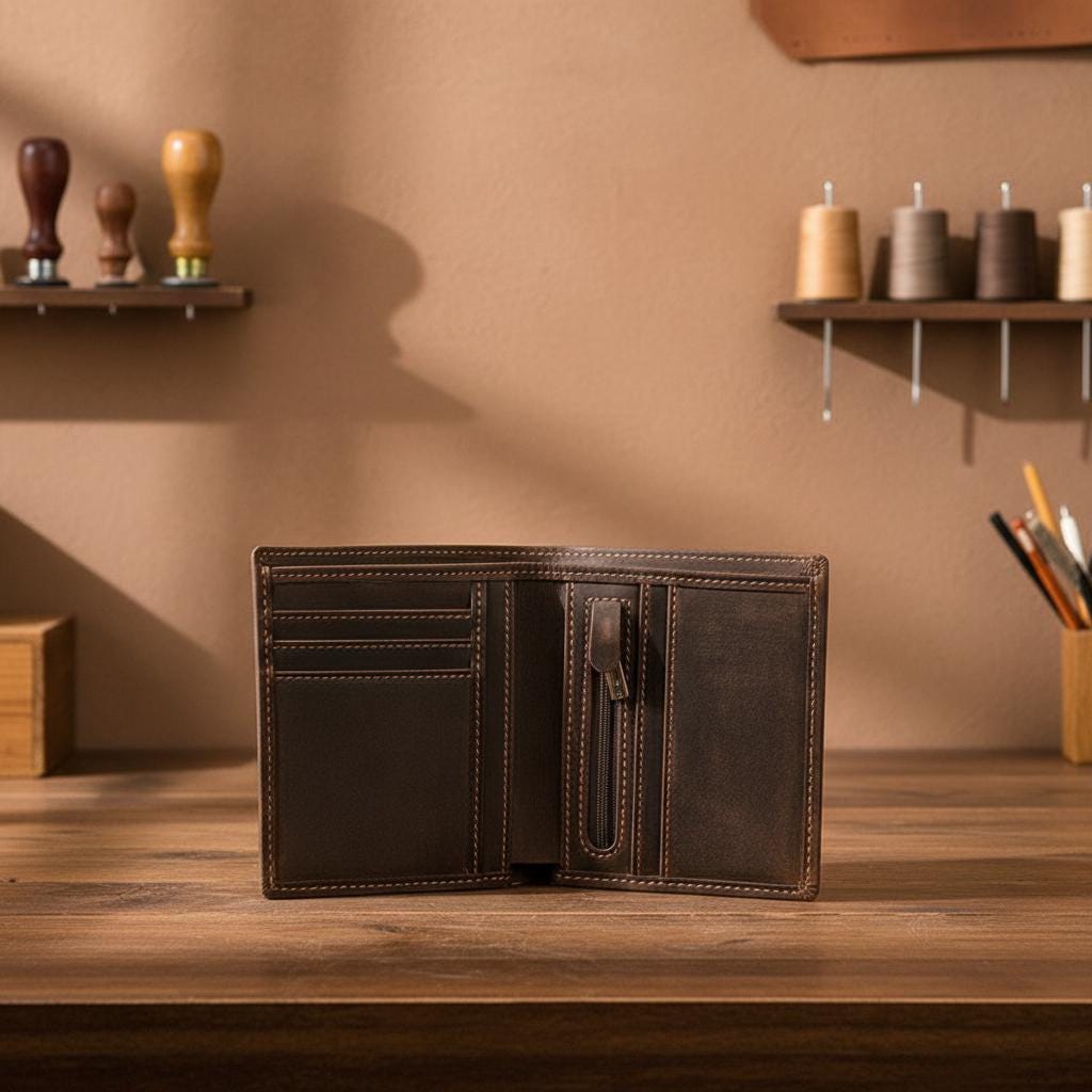 Mens Bifold Genuine Leather Wallet, Slim Cowhide Short Wallet with Coin Pocket, Minimalist Brown Leather Card Holder for Men