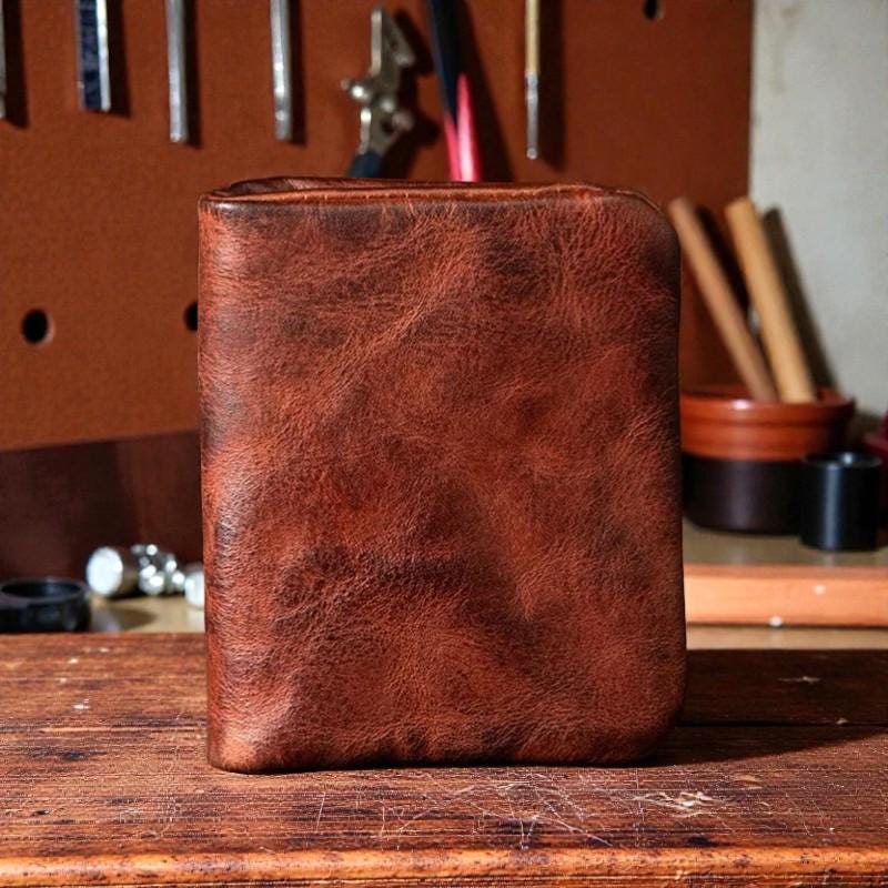 Vertical Leather Wallet for Men, Personalized Minimalist Bifold, Genuine Cowhide Retro Wallet, Slim Card Holder