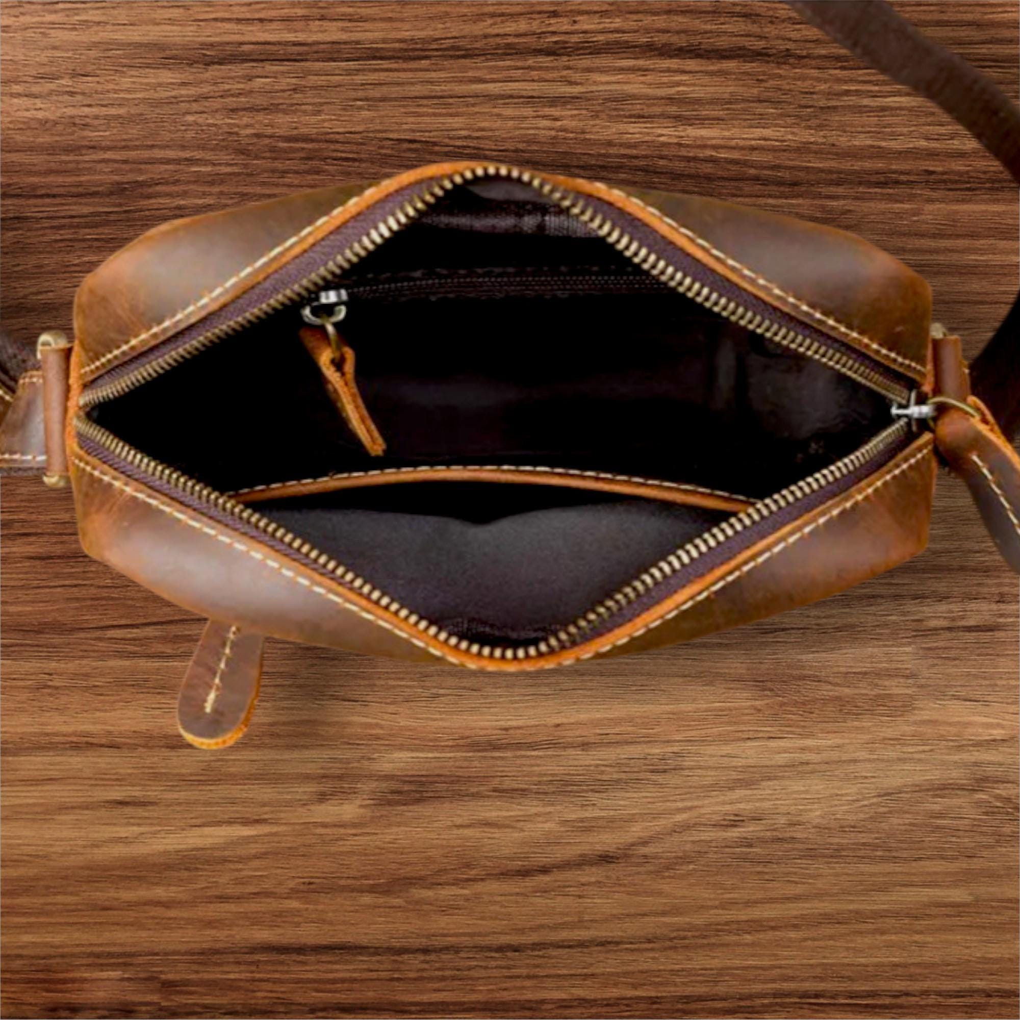 Vintage Crazy Horse Leather Crossbody Bag for Men – Small Genuine Cowhide Organizer Shoulder Bag, Brown Everyday Travel Satchel