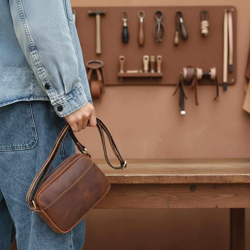 Horse Leather Crossbody Bag for Men, Genuine Cowhide Messenger Shoulder Bag, Small Minimalist Phone Sling Bag