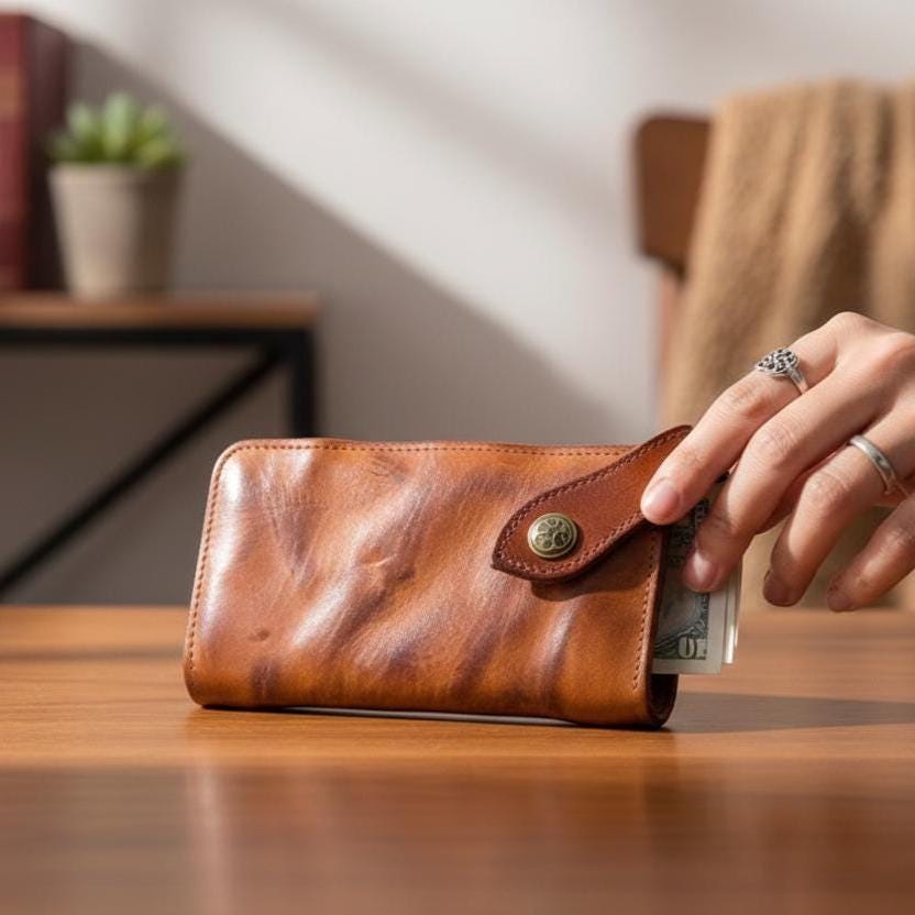Genuine Leather Women’s Wallet Vintage Cowhide Short Bifold Wallet With Zipper Coin Pocket Handmade Style