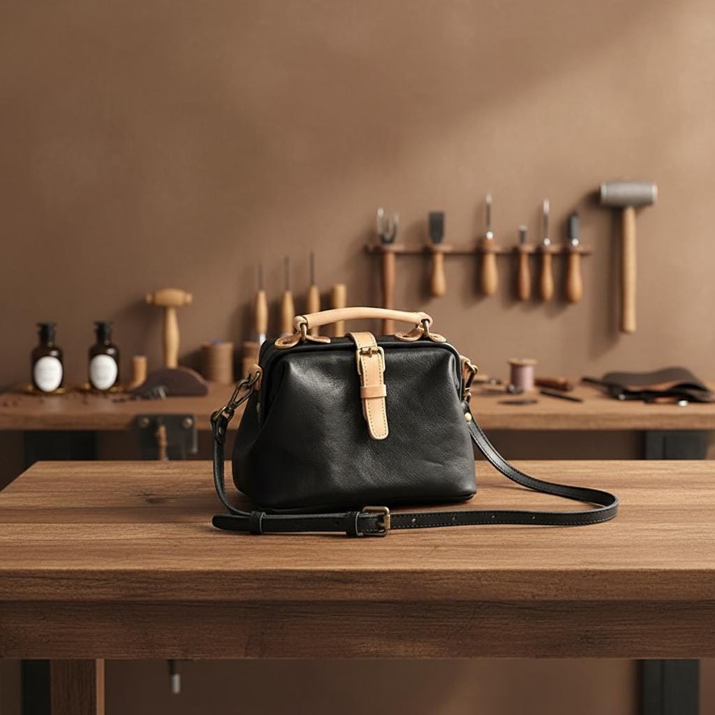 Genuine Leather Doctor Bag for Women, Vintage Handmade Cowhide Handbag, Retro Structured Shoulder Purse