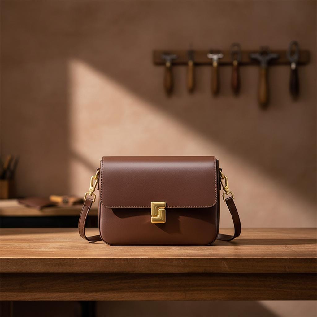 Genuine Leather Shoulder Bag, Cowhide Square Crossbody Purse with Gold Lock