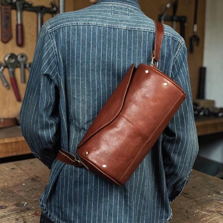 Leather Sling Bag for Men, Vintage Crossbody Backpack, Genuine Leather Chest Bag, Casual Travel Daypack, Motorcycle Bag