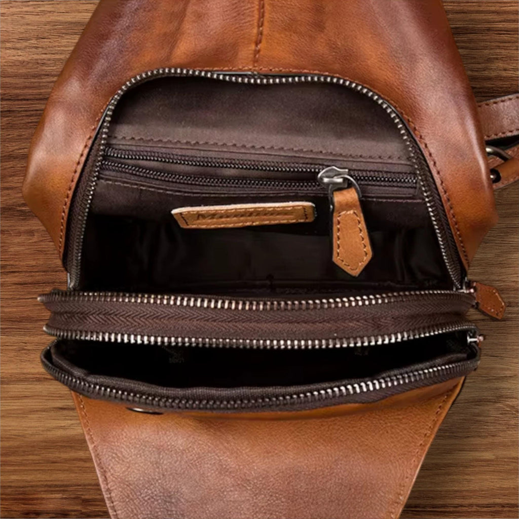 Vintage Genuine Leather Chest Bag for Men, Brown Crossbody Sling Bag, Retro Shoulder Backpack, Travel Cycling Body Bag