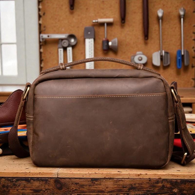 Crazy Horse Leather Messenger Bag, Men's Leather Shoulder Bag, Vintage Satchel for Men, Retro Crossbody Bag, Full Grain Leather Work Bag