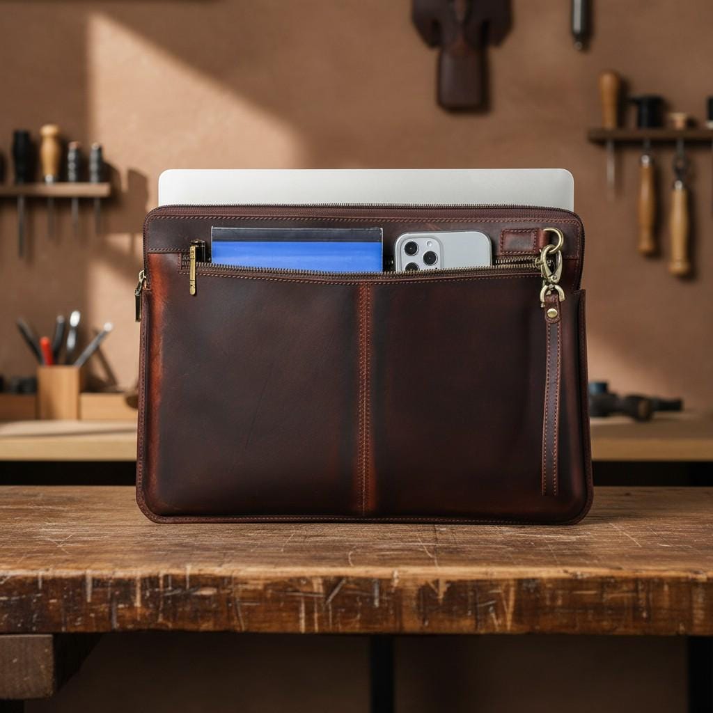 Leather Laptop Sleeve 13.3" 15.6" – Brown Zipper MacBook Pro Air Case with Wrist Strap & Front Pockets