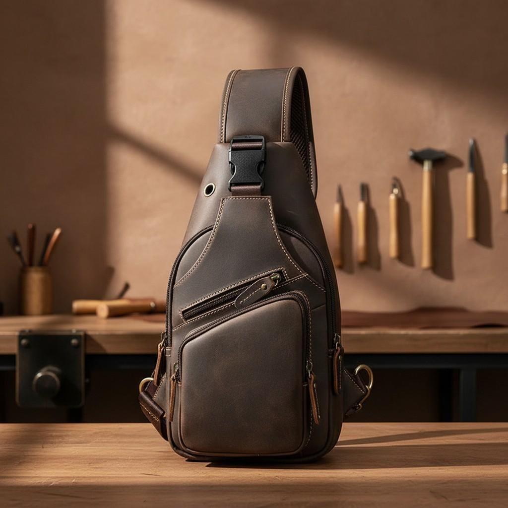 Genuine Leather Chest Bag Men, Crazy Horse Leather Sling Bag, Vintage Crossbody Bag, Mens Shoulder Bag, Travel EDC Pack