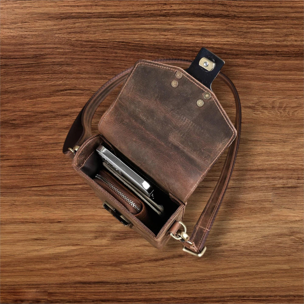 Leather Men's Crossbody Bag, Small Vintage Shoulder Phone Bag, Genuine Cowhide Casual Satchel
