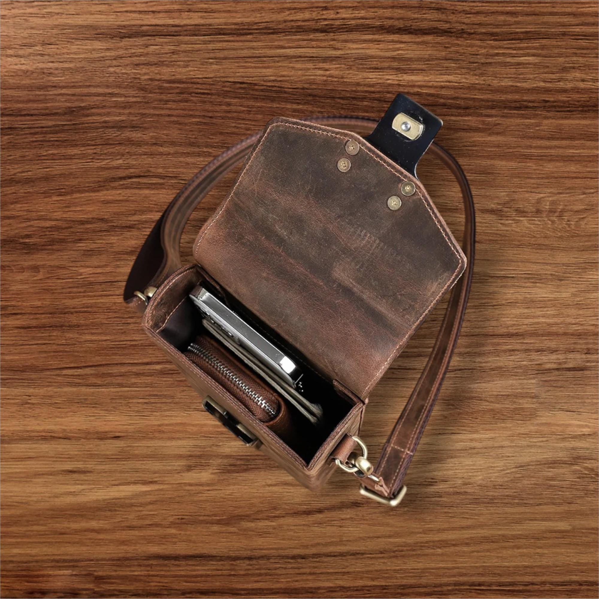 Leather Men's Crossbody Bag, Small Vintage Shoulder Phone Bag, Genuine Cowhide Casual Satchel