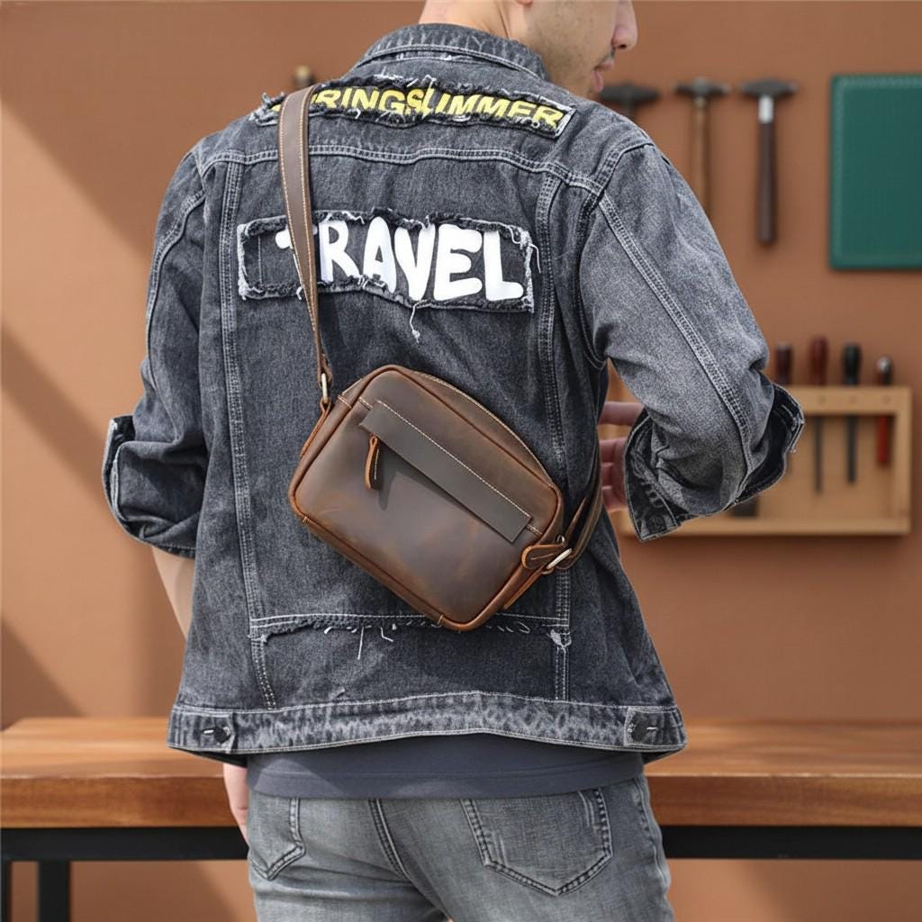 Vintage Crazy Horse Leather Crossbody Bag for Men – Small Genuine Cowhide Organizer Shoulder Bag, Brown Everyday Travel Satchel