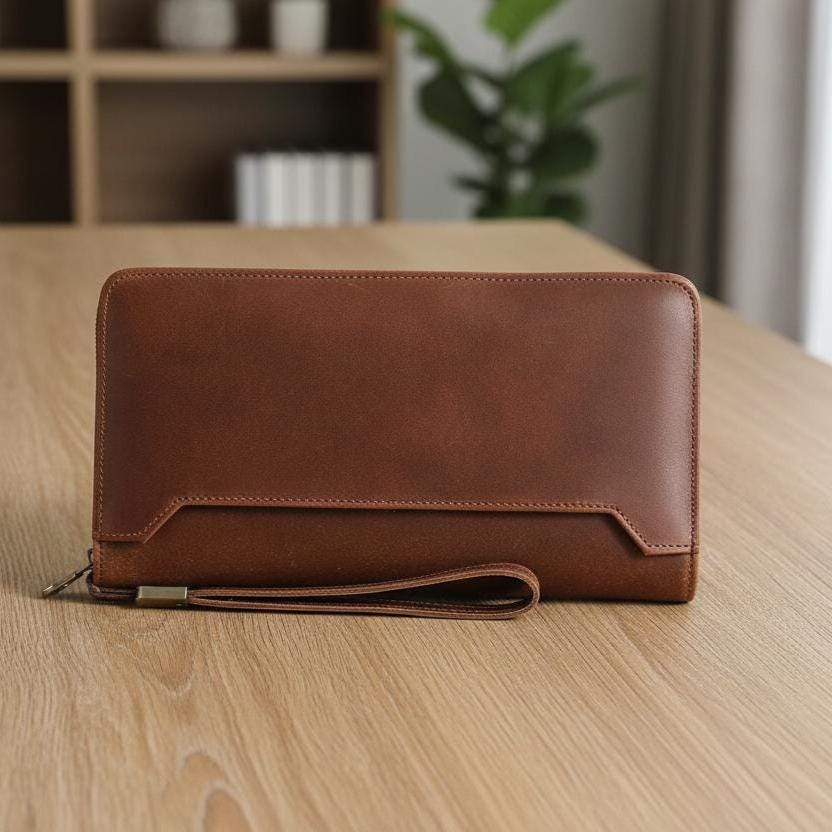 Genuine Leather Travel Wallet for Men – Passport Holder Clutch Organizer with Zipper, Phone Pocket & Card Slots, Vintage Brown Long Wallet