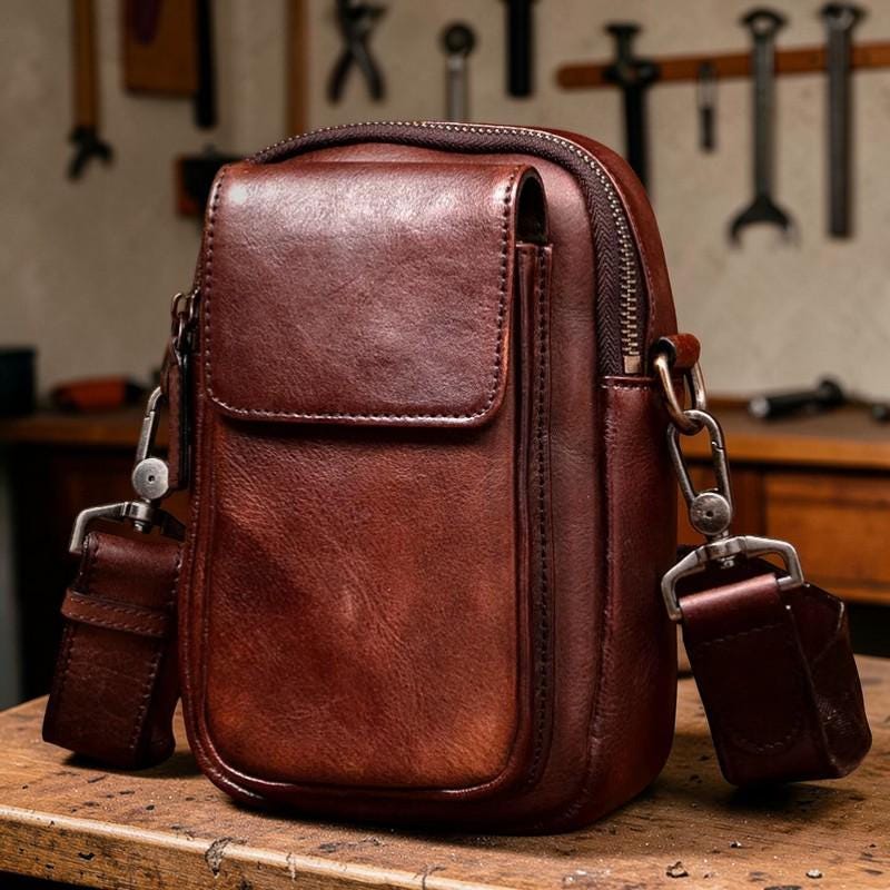 Vegetable Tanned Leather Shoulder Bag, Men's Crossbody Phone Bag, Vintage Leather Messenger, Small Satchel for Men, Minimalist Leather Pouch