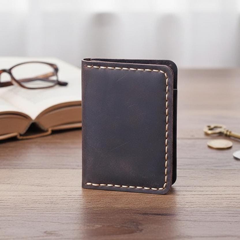 Vintage Crazy Horse Leather Card Holder for Men, Handmade Genuine Cowhide Slim Wallet, Minimalist Business Credit Card Case