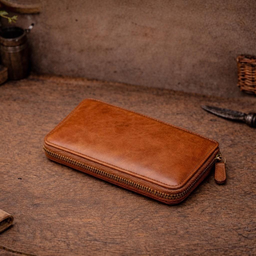 Vintage Full Grain Leather Long Wallet for Men – Zipper Clutch Cowhide Organizer with Card Slots & Coin Pocket, Brown Handmade Style