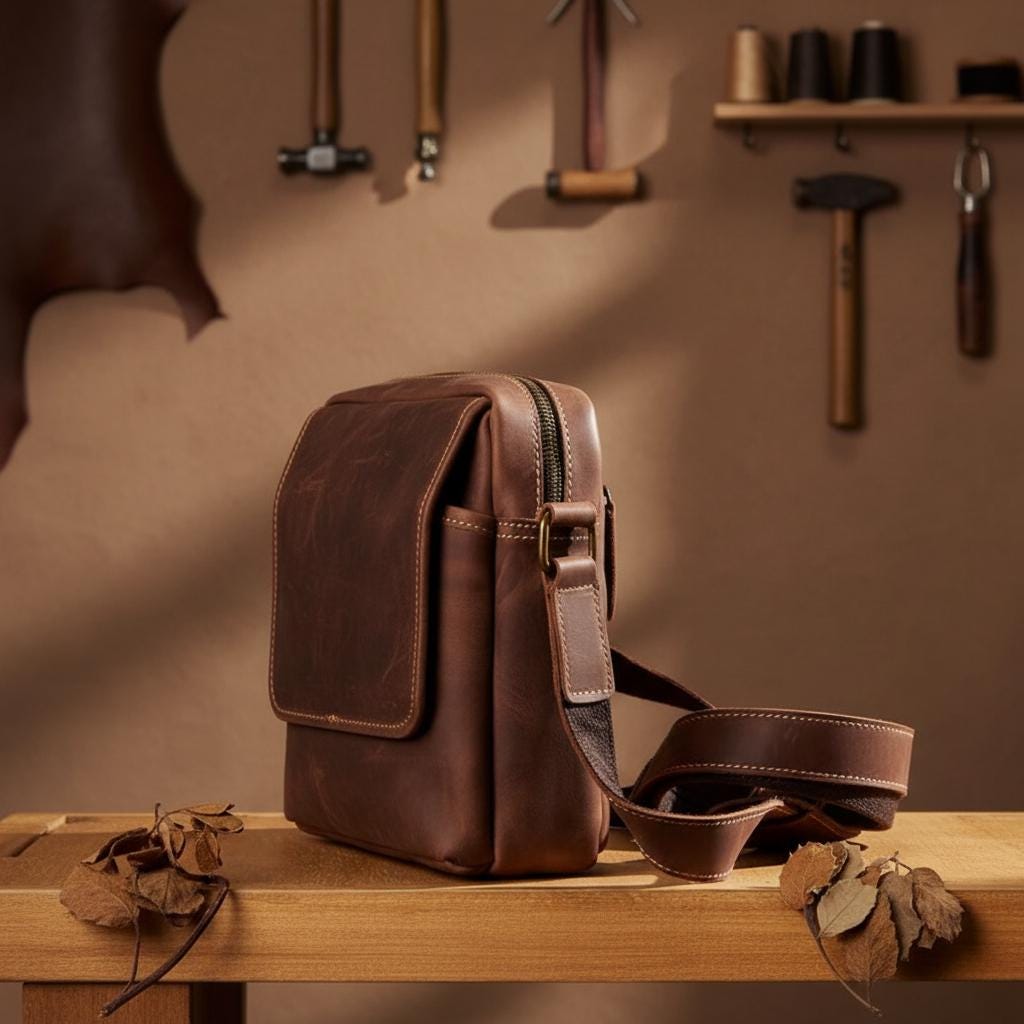 Vintage Genuine Leather Messenger Bag for Men, Retro Cowhide Crossbody Shoulder Satchel, Business Casual Bag