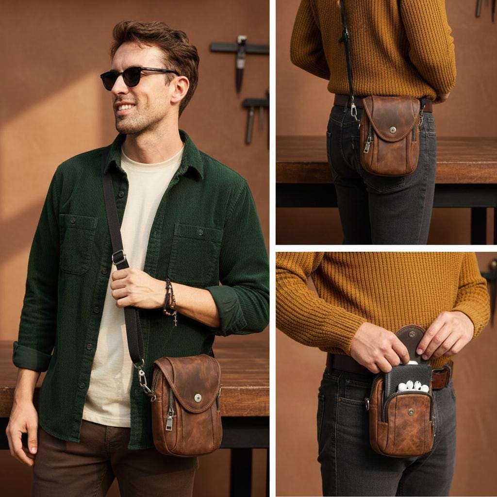 Leather Men's Sling Bag, Vintage Crossbody Waist Bag, Cowhide Casual Travel Phone Pouch
