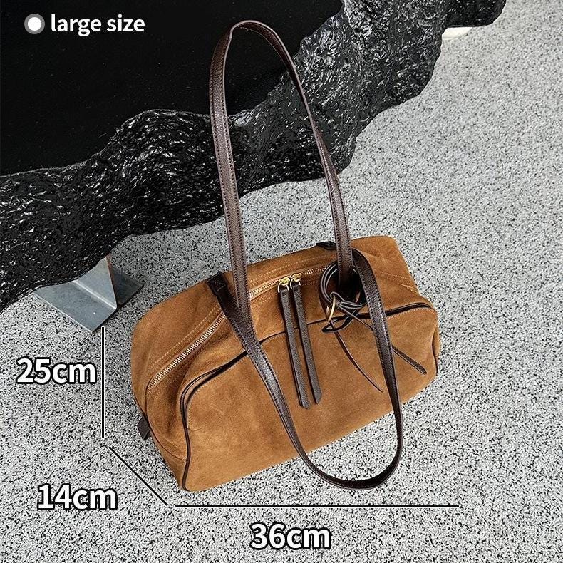 Suede Leather Bowling Tote Bag for Women – Chic Shoulder Handbag