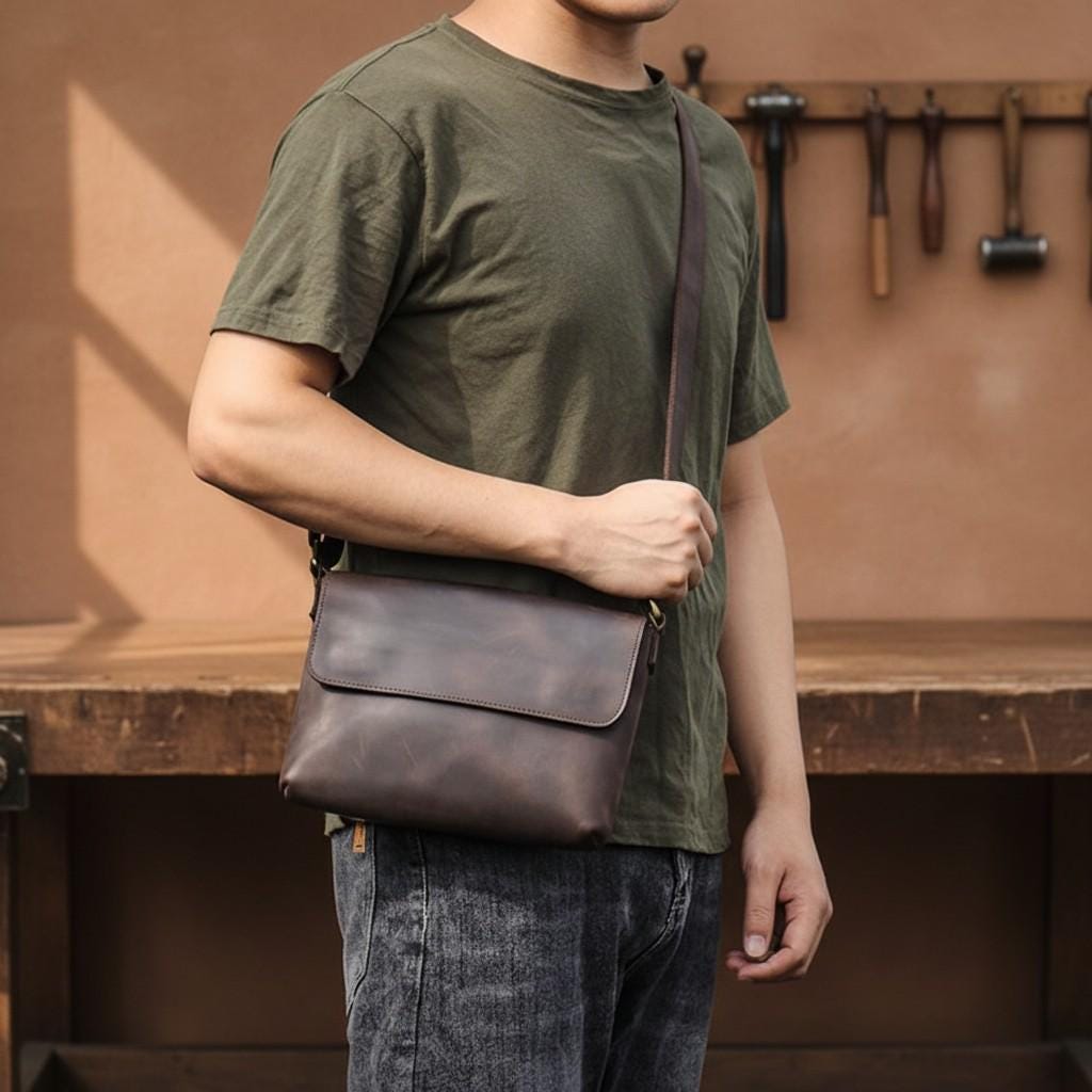 Leather Crossbody Bag for Men – Brown Vintage Cowhide Shoulder Satchel for 7.9" iPad & Everyday Carry