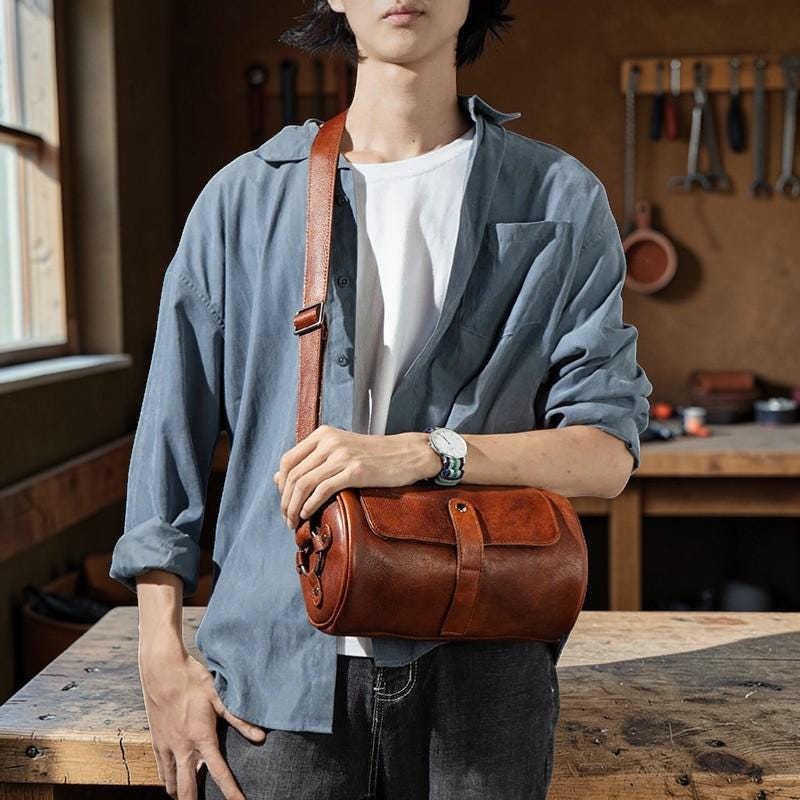 Vegetable Tanned Leather Cylinder Bag, Round Crossbody Satchel for Men and Women, Distressed Leather Drum Bag, Unisex Vintage Shoulder Bag