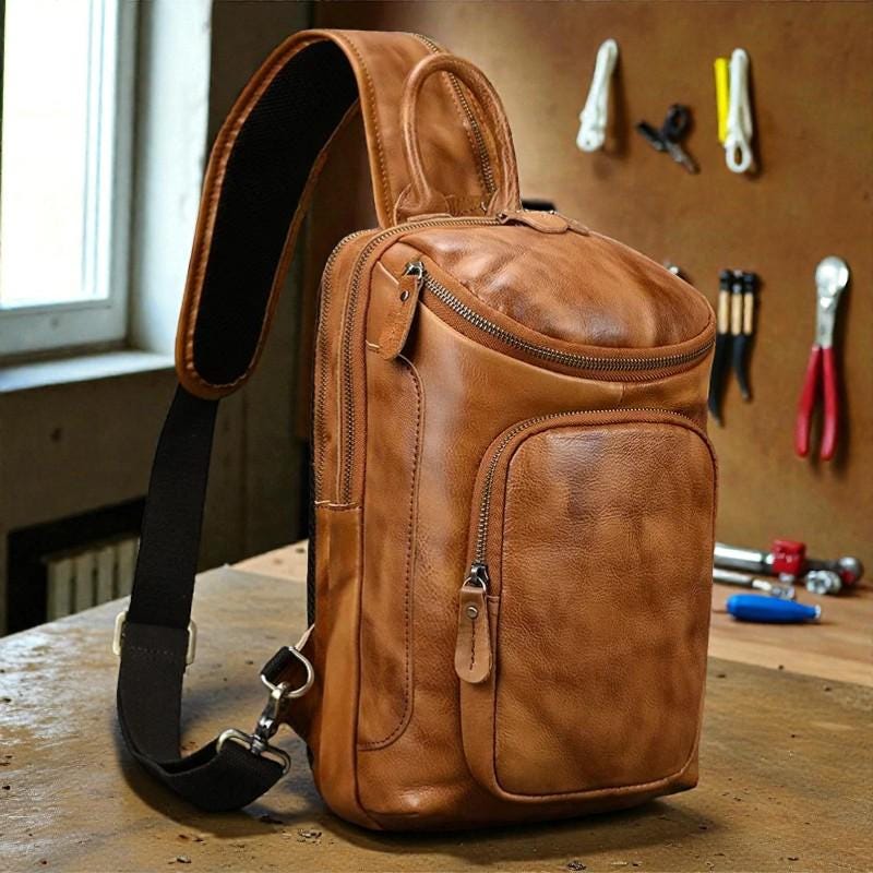 Genuine Leather Chest Bag for Men – Vintage Crazy Horse Sling Backpack Crossbody Travel EDC Shoulder Bag