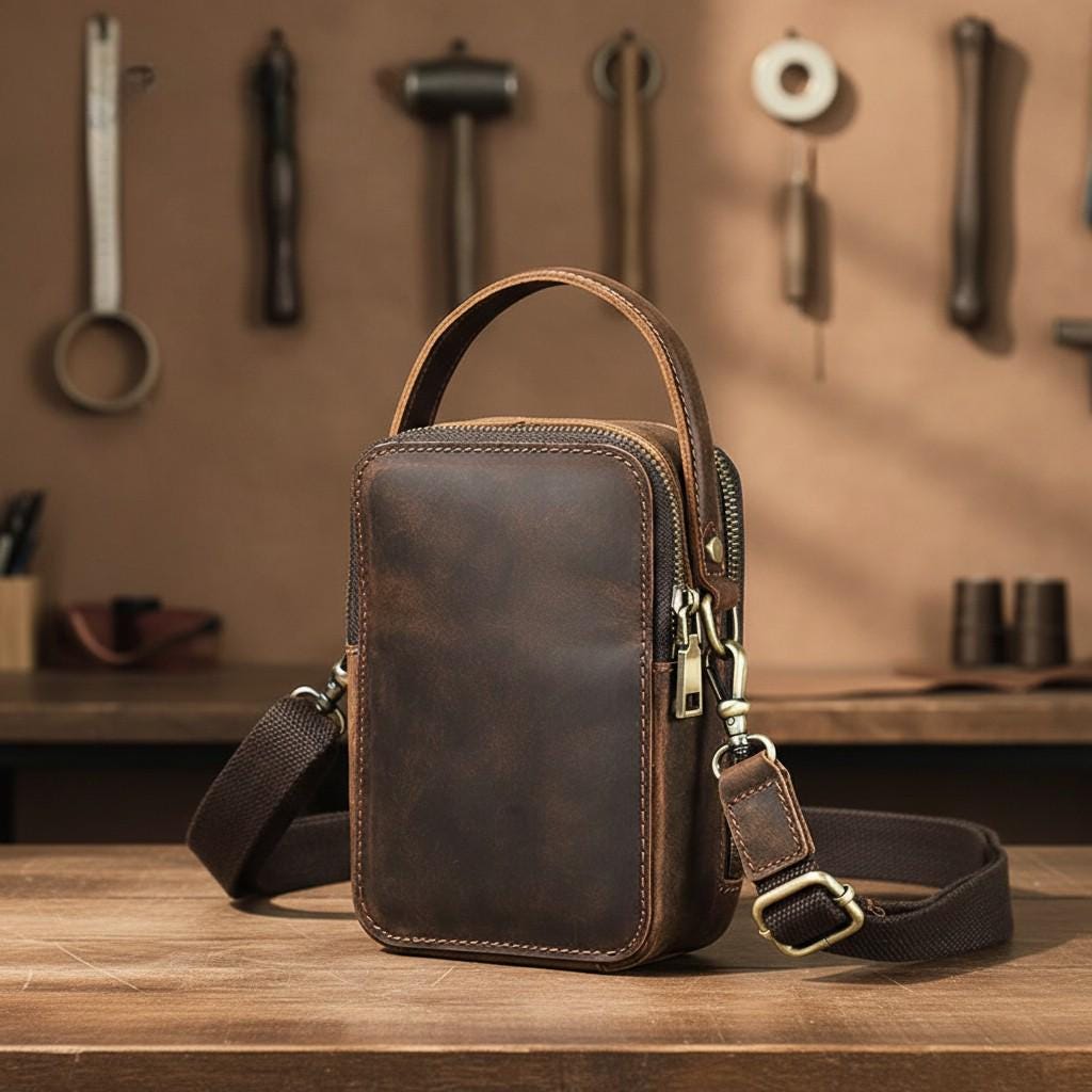 Leather Men's Crossbody Bag, Vintage Small Shoulder Phone Bag, Designer Cowhide Casual Satchel
