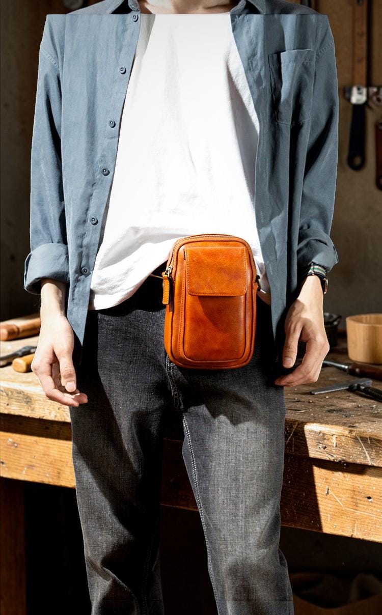 Vegetable Tanned Leather Shoulder Bag, Men's Crossbody Phone Bag, Vintage Leather Messenger, Small Satchel for Men, Minimalist Leather Pouch