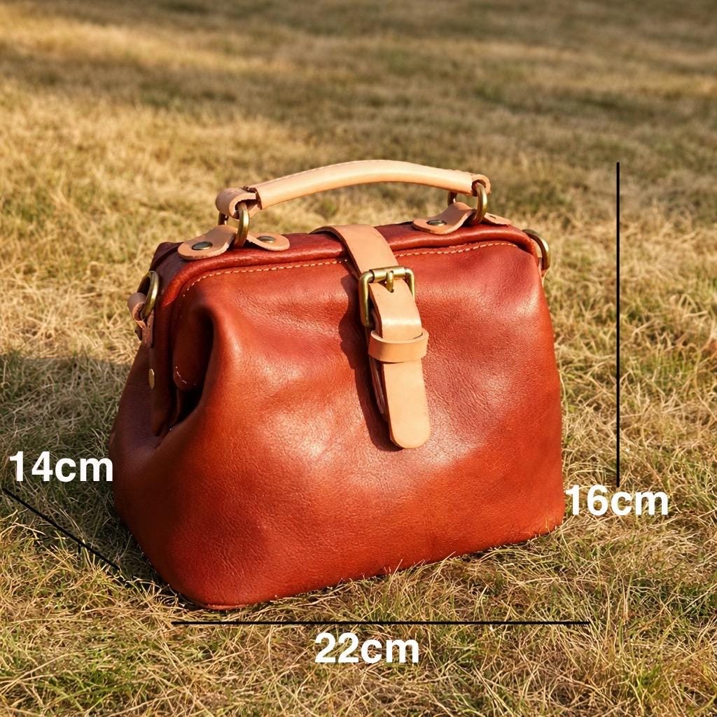 Genuine Leather Doctor Bag for Women, Vintage Handmade Cowhide Handbag, Retro Structured Shoulder Purse