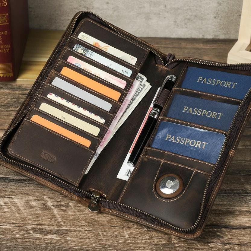 Genuine Leather Travel Wallet for Men – Passport Holder Clutch Organizer with Zipper, Phone Pocket & Card Slots, Vintage Brown Long Wallet