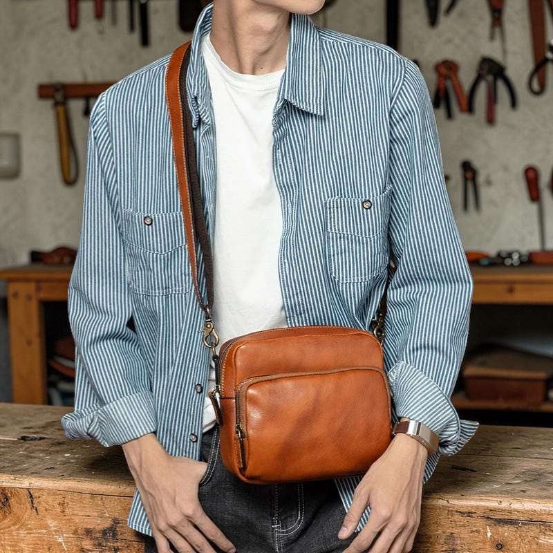 Men's Genuine Leather Crossbody Bag – Small Shoulder Messenger Bag, First Layer Cowhide Phone Bag, Vintage Everyday Travel Purse