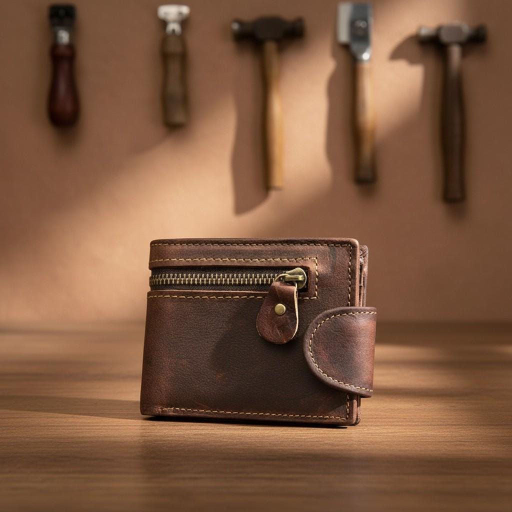 Genuine Leather Bifold Wallet for Men – Crazy Horse Vintage Short Wallet with Zipper Coin Pocket