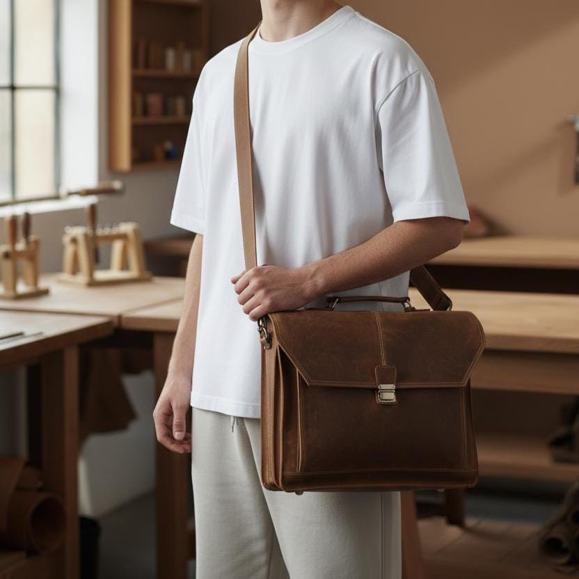 Vintage Crazy Horse Leather Briefcase 15 Inch Laptop Bag, Genuine Cowhide Business Messenger Bag, Brown Office Shoulder Tote for Men