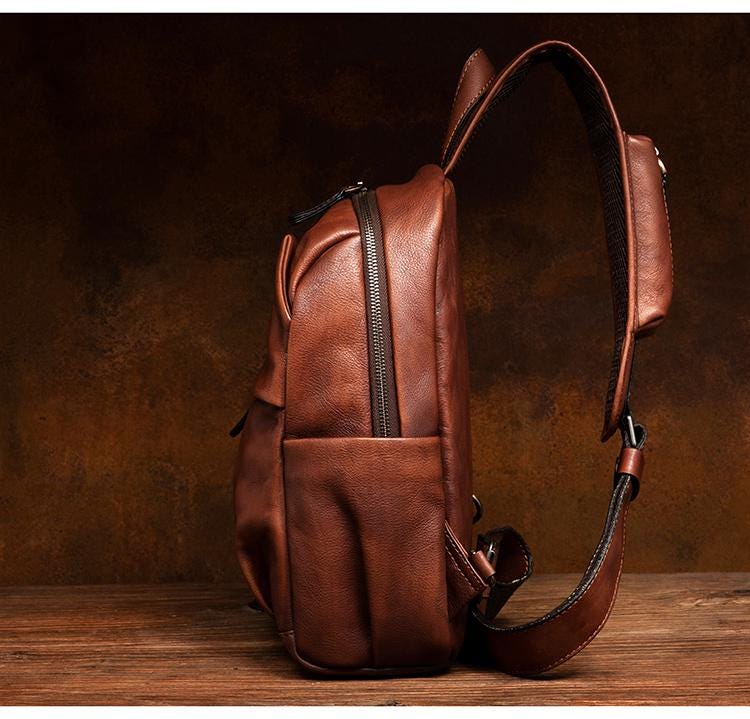Men’s Genuine Leather Chest Bag – Vintage Sling Backpack, Crossbody Backpack, Large Capacity Cowhide Shoulder Bag for Travel