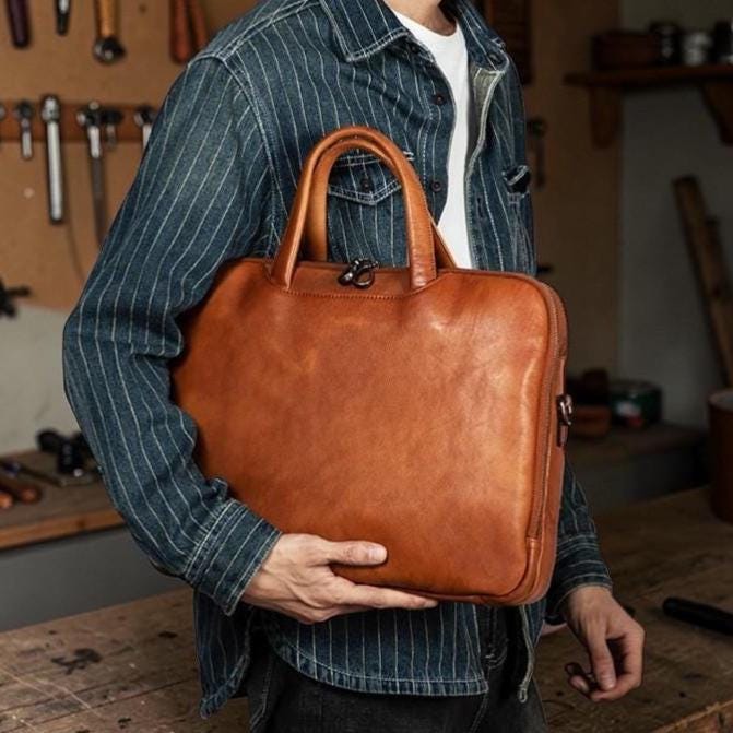 Leather Briefcase for Men, Vegetable Tanned Laptop Bag, Genuine Leather Business Bag, Professional Work Satchel, Vintage Office Attache