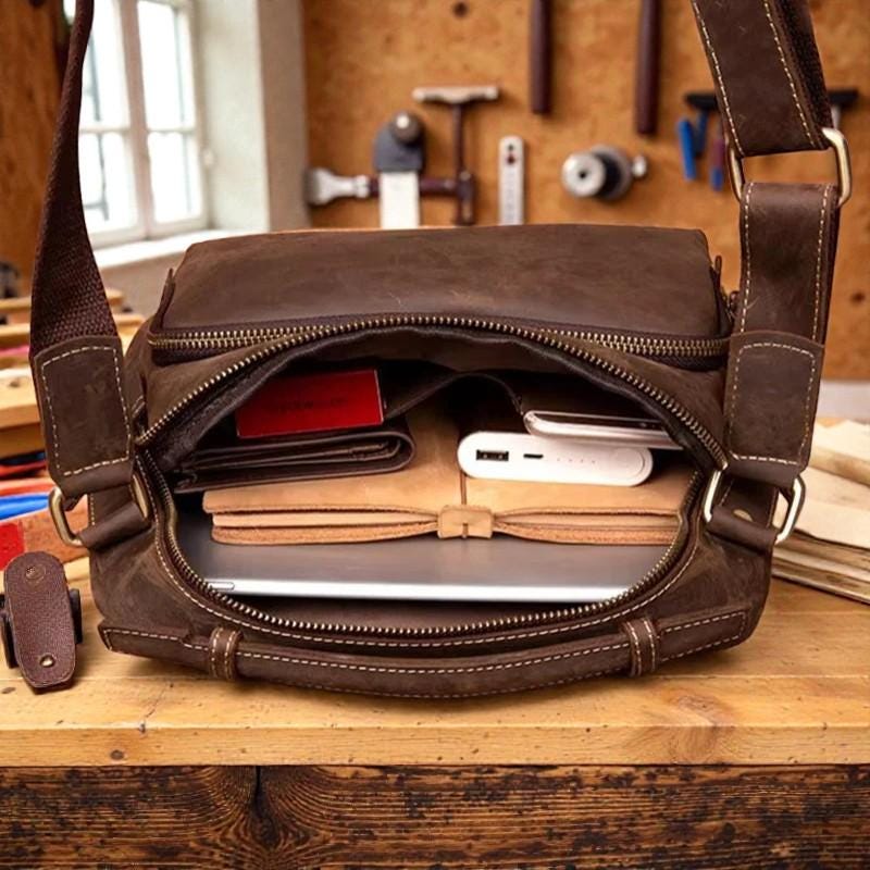 Crazy Horse Leather Messenger Bag, Men's Leather Shoulder Bag, Vintage Satchel for Men, Retro Crossbody Bag, Full Grain Leather Work Bag