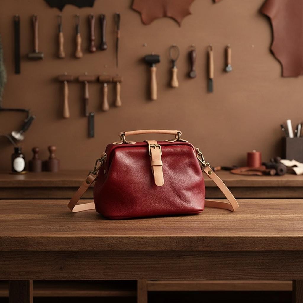 Genuine Leather Doctor Bag for Women, Vintage Handmade Cowhide Handbag, Retro Structured Shoulder Purse