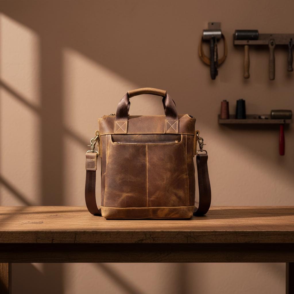 Men’s Crazy Horse Leather Tote Bag – Genuine Leather Laptop Shoulder Bag, Vintage Handmade Crossbody Business Briefcase