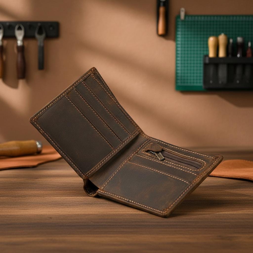 Mens Bifold Genuine Leather Wallet, Slim Cowhide Short Wallet with Coin Pocket, Minimalist Brown Leather Card Holder for Men