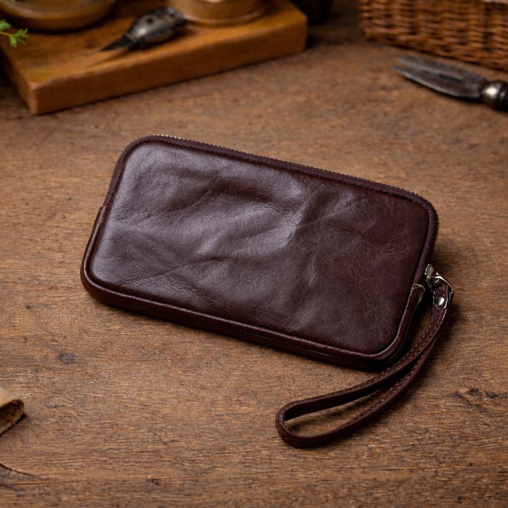 Vintage Genuine Leather Long Wallet for Men & Women – Top Layer Cowhide Zipper Clutch, Phone Pocket Card Holder
