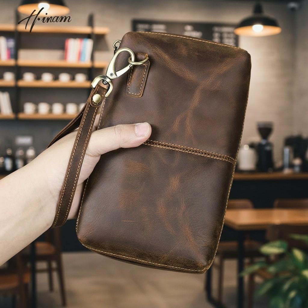 Genuine Leather Clutch Wallet for Men – Crazy Horse Brown Zipper Long Wallet with Card Slots & Wrist Strap