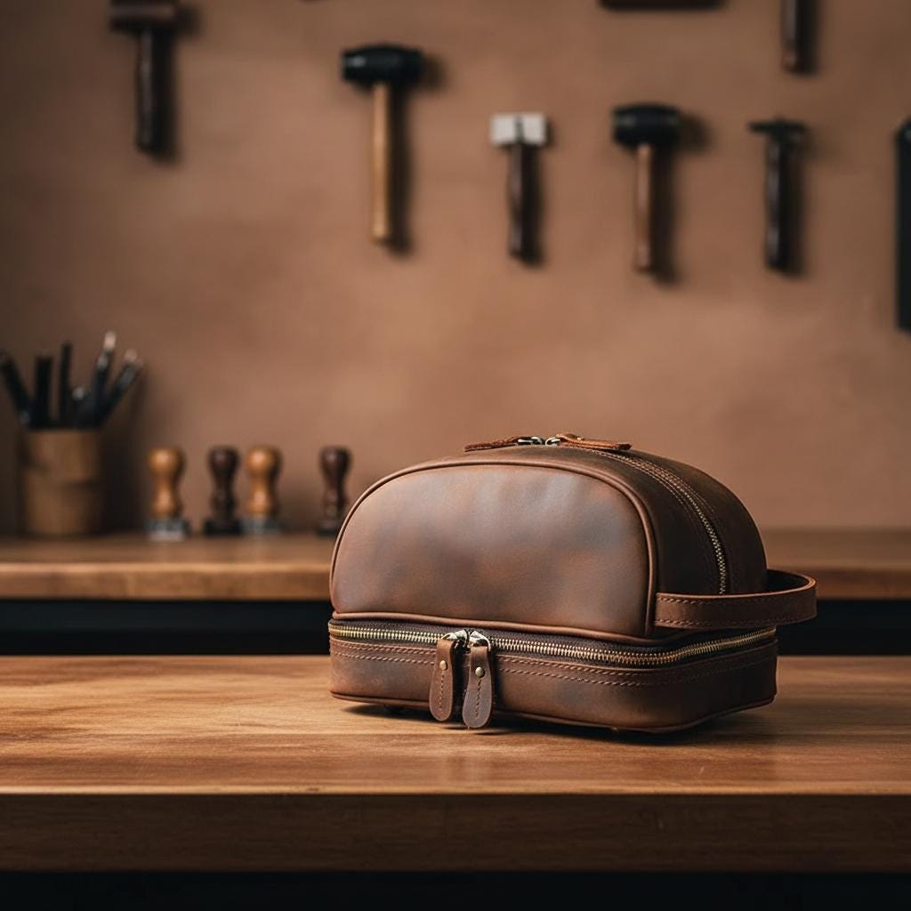 Leather Travel Toiletry Bag – Genuine Cowhide Dopp Kit, Vintage Makeup Organizer, Small Leather Travel Case for Men & Women