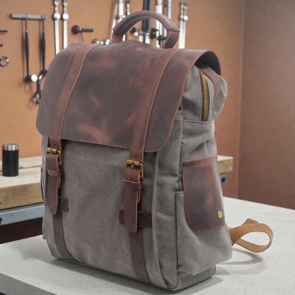Vintage Canvas Leather Backpack – Unisex Travel Backpack, Military Laptop Backpack, Large Capacity Hiking Bag, Canvas Rucksack