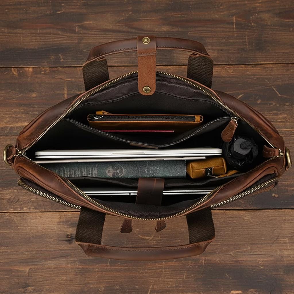 Vintage Genuine Leather Laptop Briefcase 15.6" Mens Business Bag, Retro Cowhide Crazy Horse Leather Office Shoulder Messenger Bag